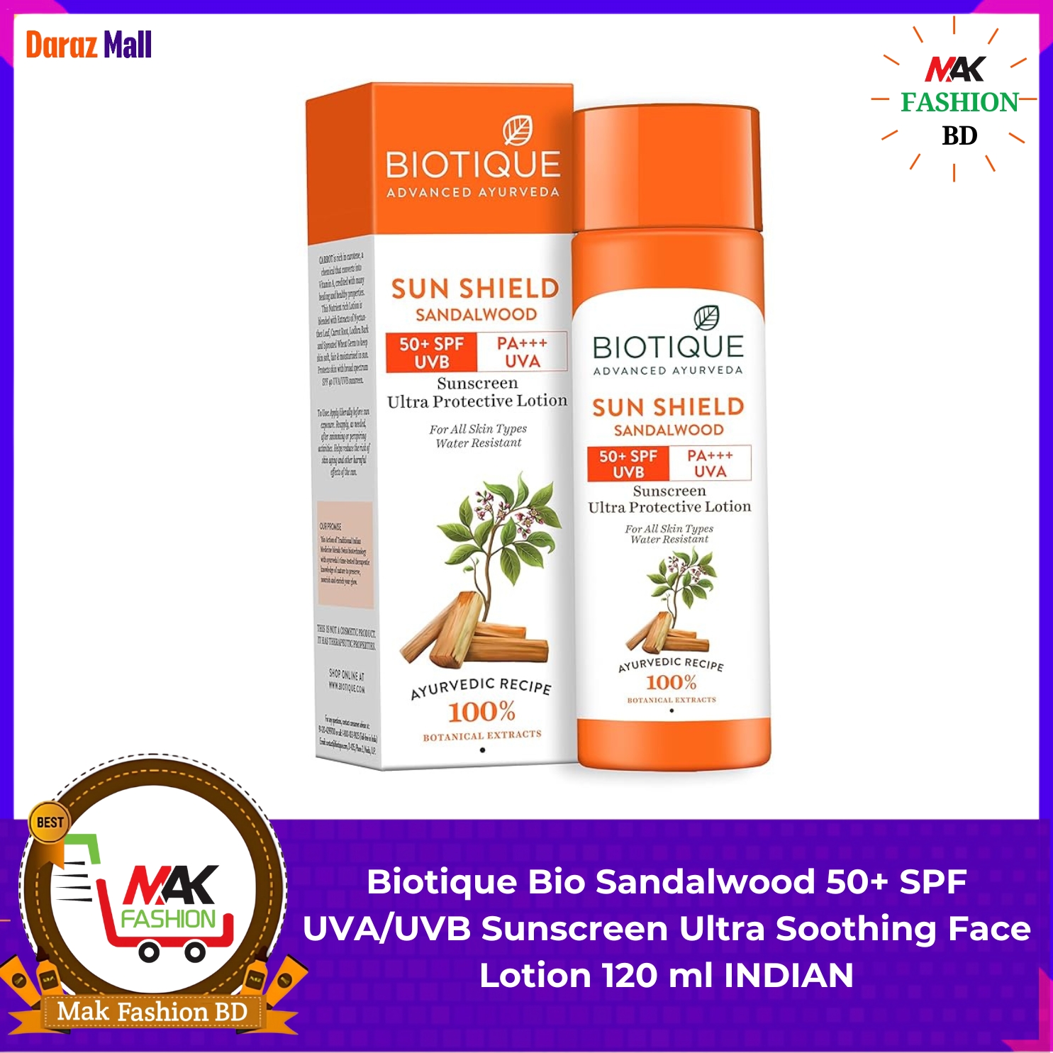 Biotique Bio Sun Shield Sandalwood 50+ SPF PA+++ UVA UVB Sunscreen Ultra Protective Lotion 120 ml INDIAN  241438969