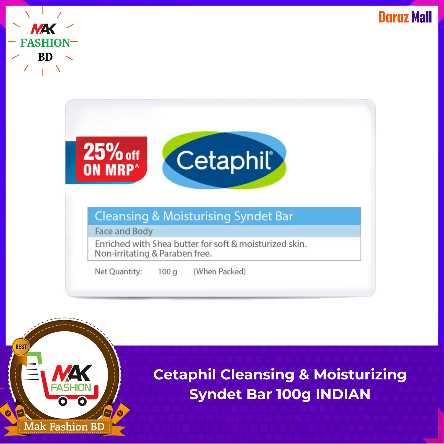 Cetaphil Cleansing & Moisturizing Syndet Bar 100g INDIAN  305775398