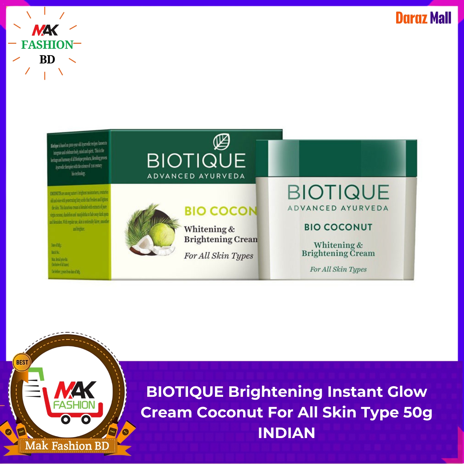 BIOTIQUE Brightening Instant Glow Cream Coconut For All Skin Type 50 g INDIAN 308192025