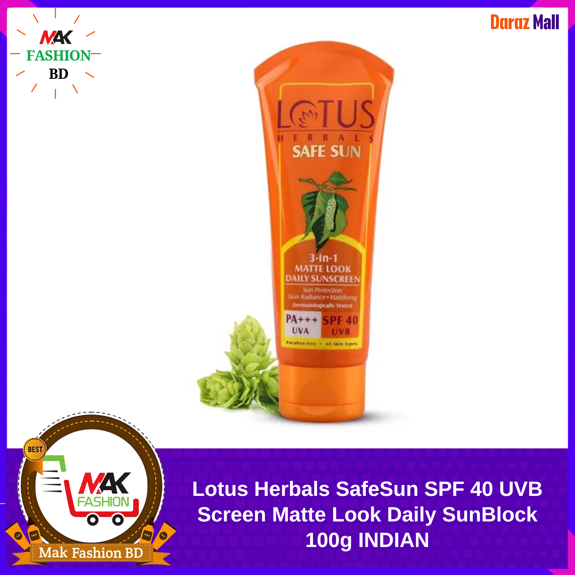 Lotus Herbals SafeSun SPF 40 UVB Screen Matte Look Daily SunBlock 100g INDIAN 332421464