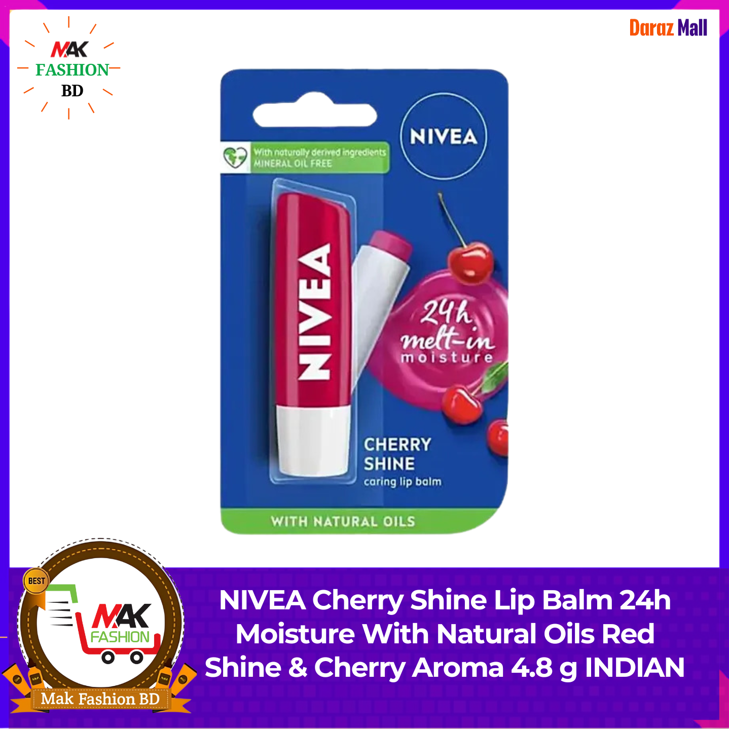 NIVEA Cherry Shine Lip Balm 24h Moisture With Natural Oils Red Shine & Cherry Aroma 4.8g INDIAN  459979676