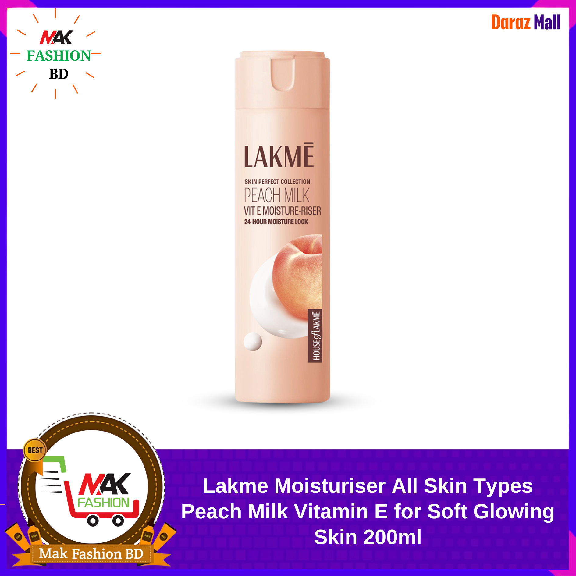Lakme Moisturiser All Skin Types Peach Milk Vitamin E for Soft Glowing Skin 200ml INDIAN 334635314
