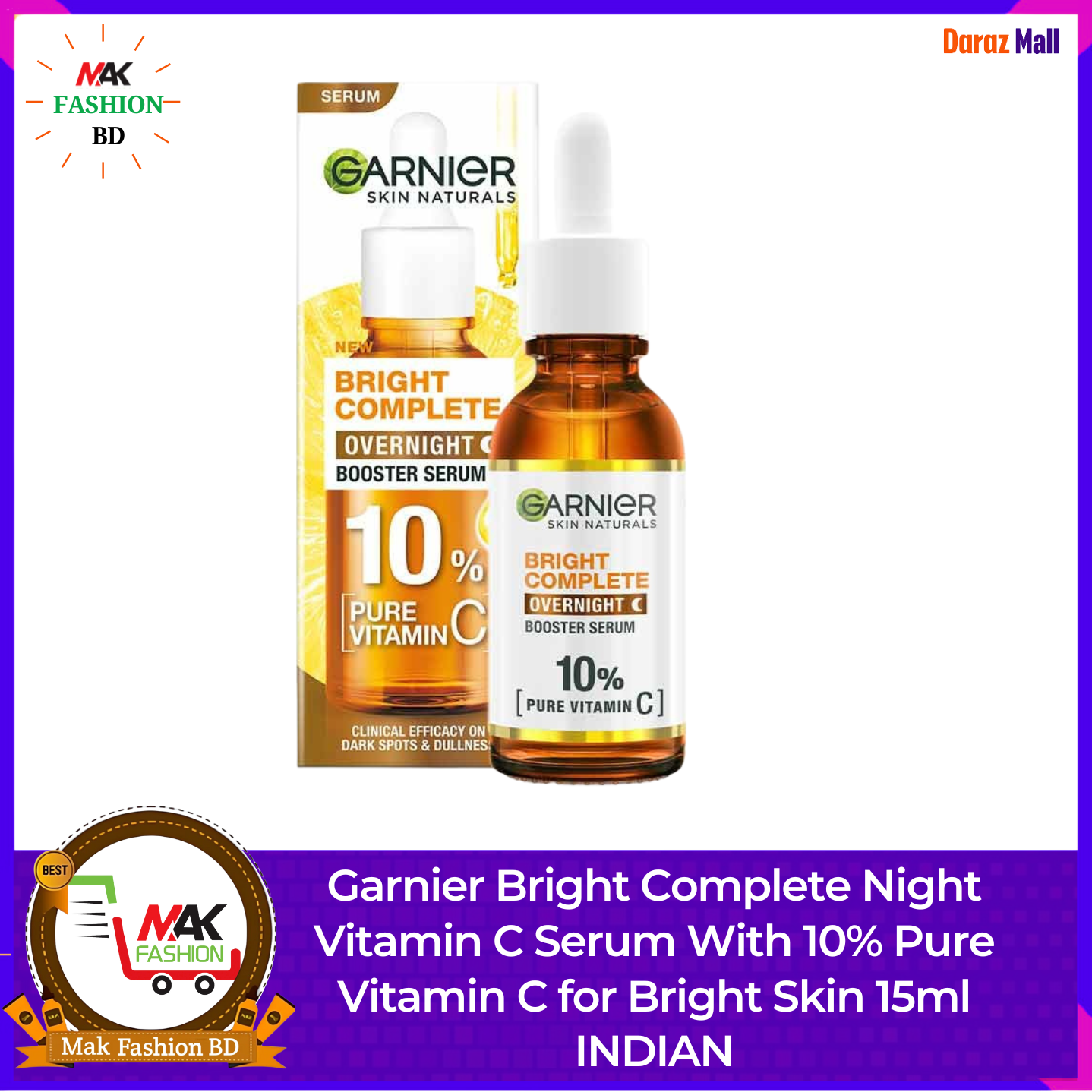 Garnier Bright Complete Night Vitamin C Serum With 10% Pure Vitamin C for Bright Skin 15ml INDIAN 526818292